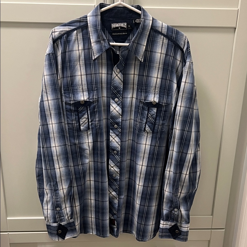 VTG PANHANDLE SLIM Pearl Snap Buttons Western Plaid Long Sleeved Shirt Size XL